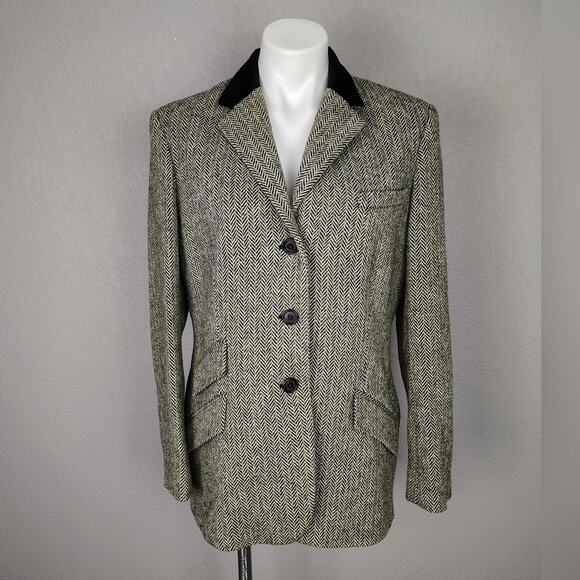 Ralph Lauren Herringbone Tweed Blazer 90% Wool Velvet Collar Sz 14 - Picture 3 of 14